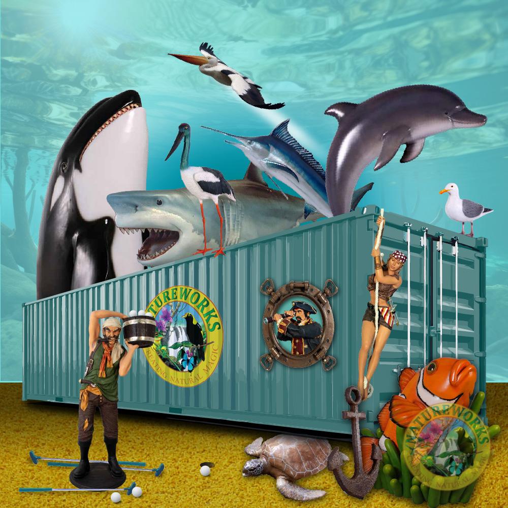 A container with marine animals and pirate themed props
