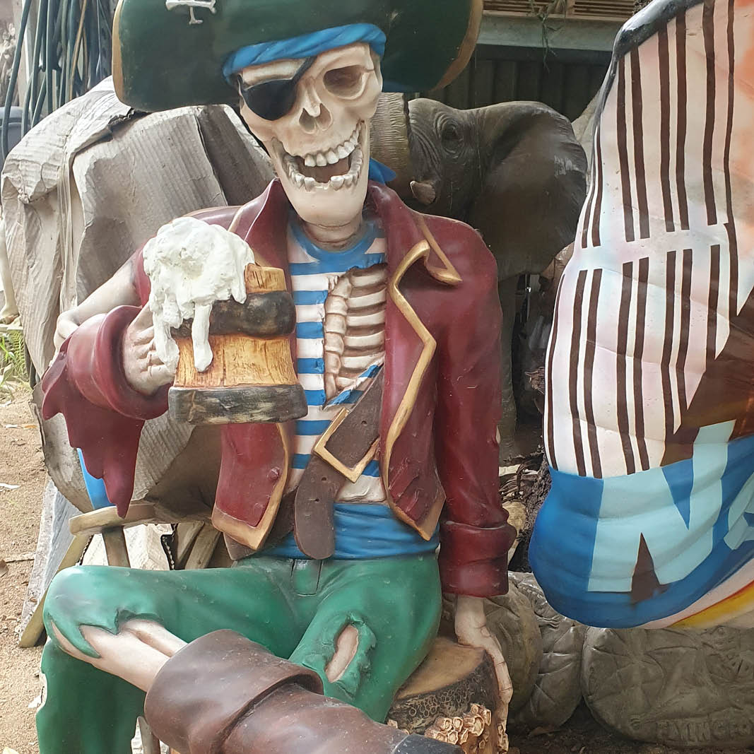 Natureworks Australia Pirate skeleton - sitting on barrel with a tankard of beer -front view- SKU-TA-C-360