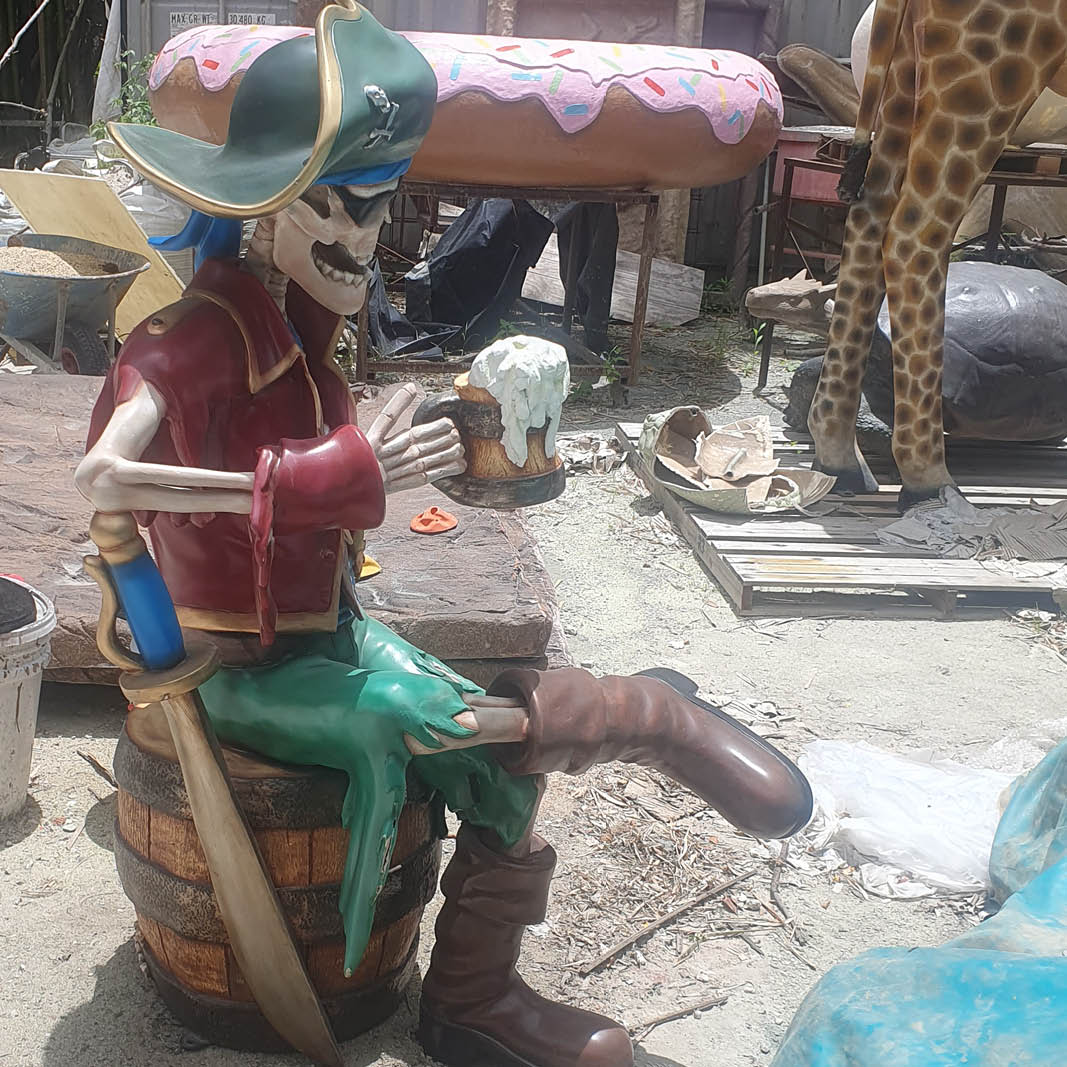 Natureworks Australia Pirate skeleton - sitting on barrel with a tankard of beer - Showing sword- SKU-TA-C-360