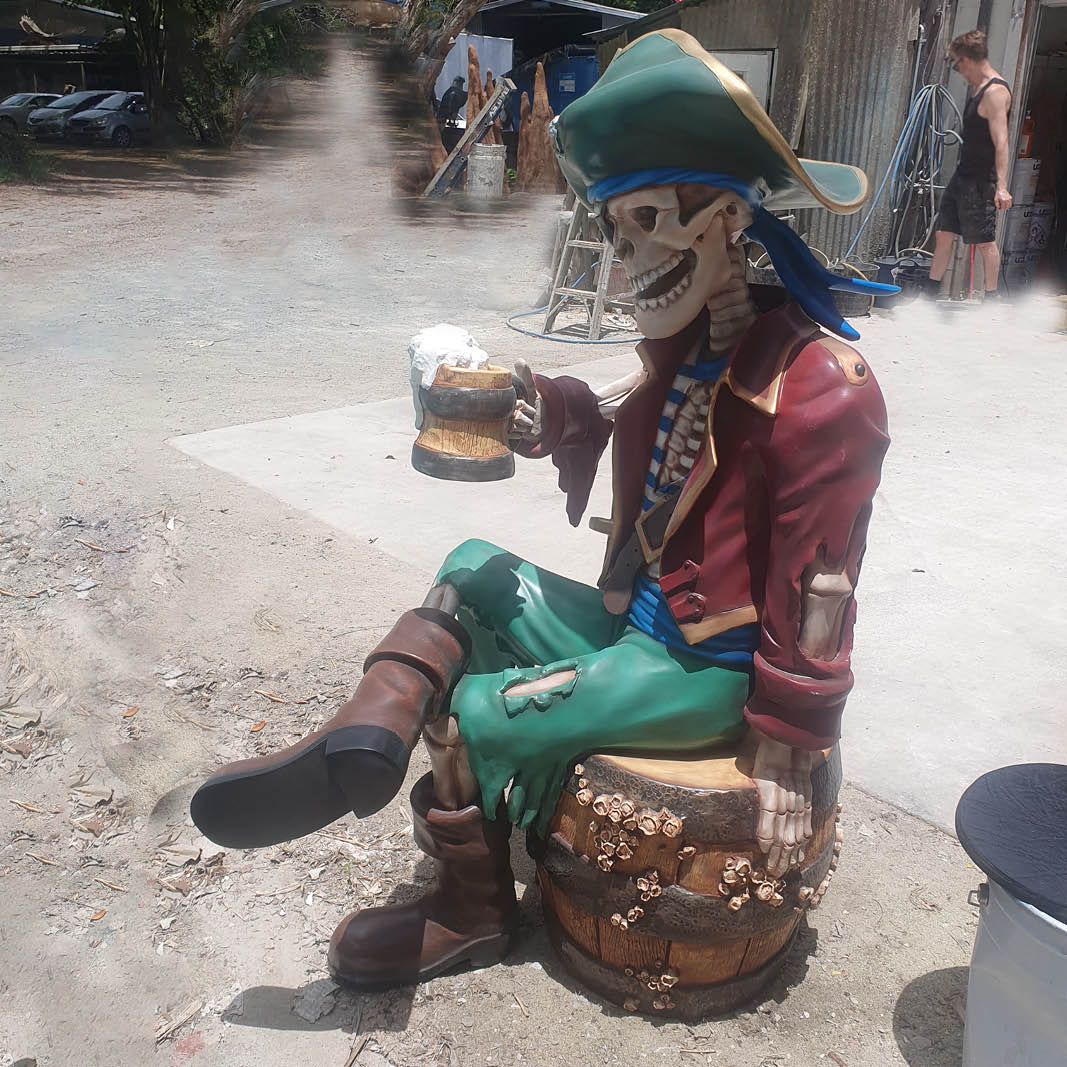 Natureworks Australia Pirate skeleton - sitting on barrel with a tankard of beer- side view SKU-TA-C-360