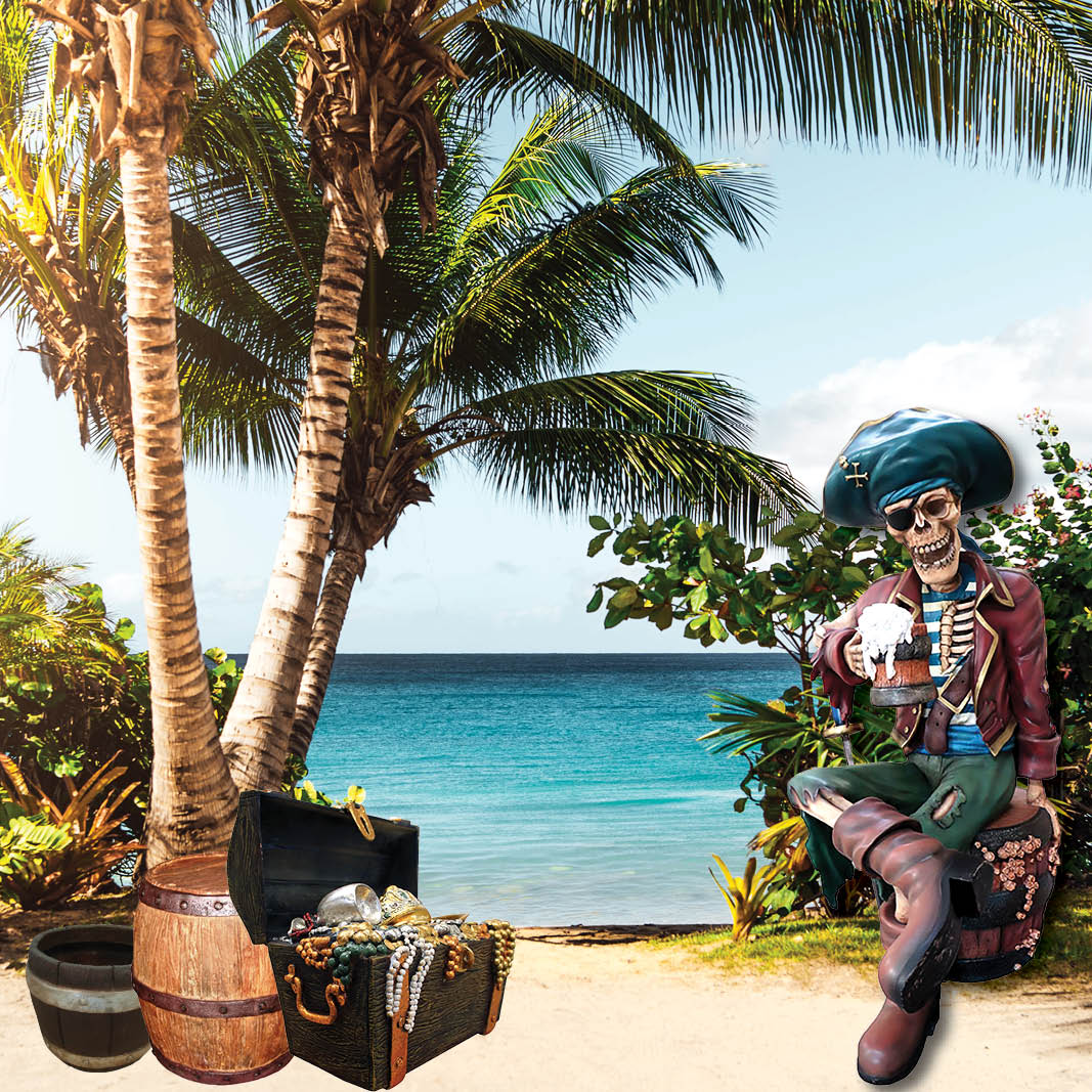 Natureworks Australia Pirate skeleton - sitting on barrel with a tankard of beer - shown in seaside setting- SKU-TA-C-360