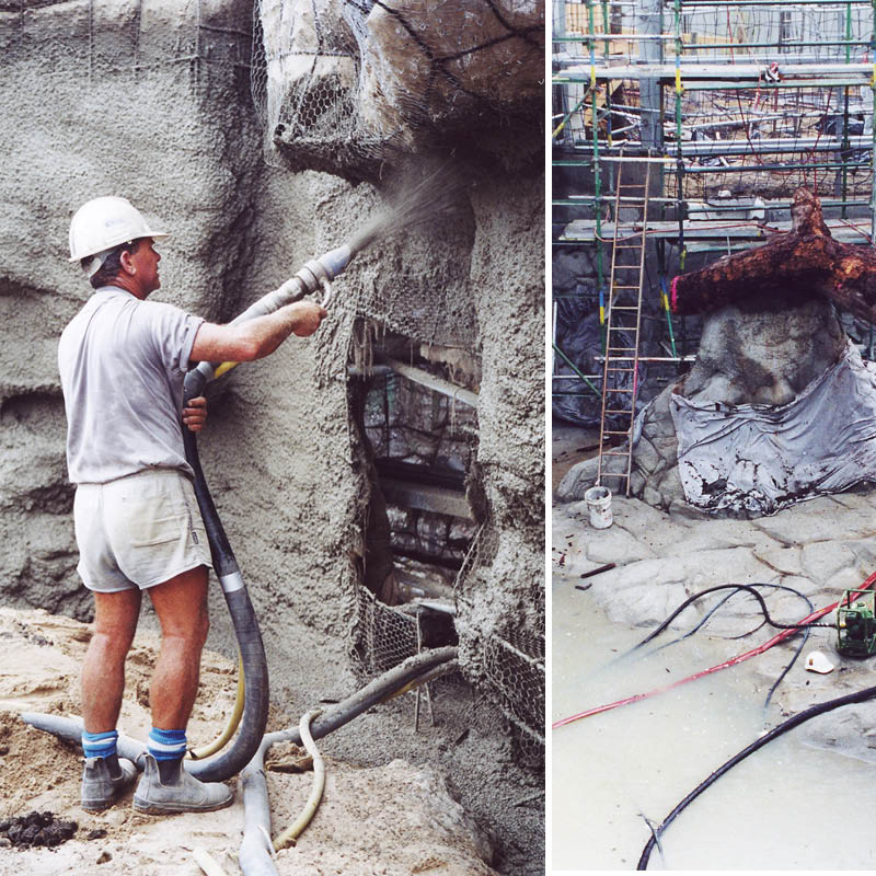 Natureworks Australia Polar Bear Shores-Artificial rock Sea World-in Production photo showing the scaffolding and spraying concrete over welded mesh