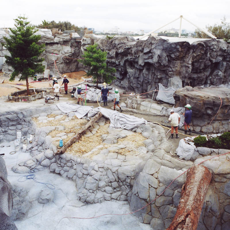 Natureworks Australia Polar Bear Shores-Artificial rock Sea World-in Production photo showing the scaffolding and work in progress- showing some vegetation and project taking shape
