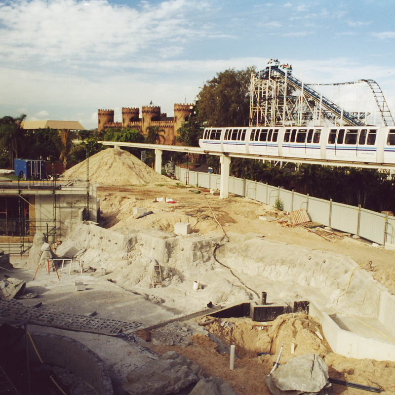 Natureworks Australia Polar Bear Shores-Artificial rock Sea World in Production photo showing monorail in background.
