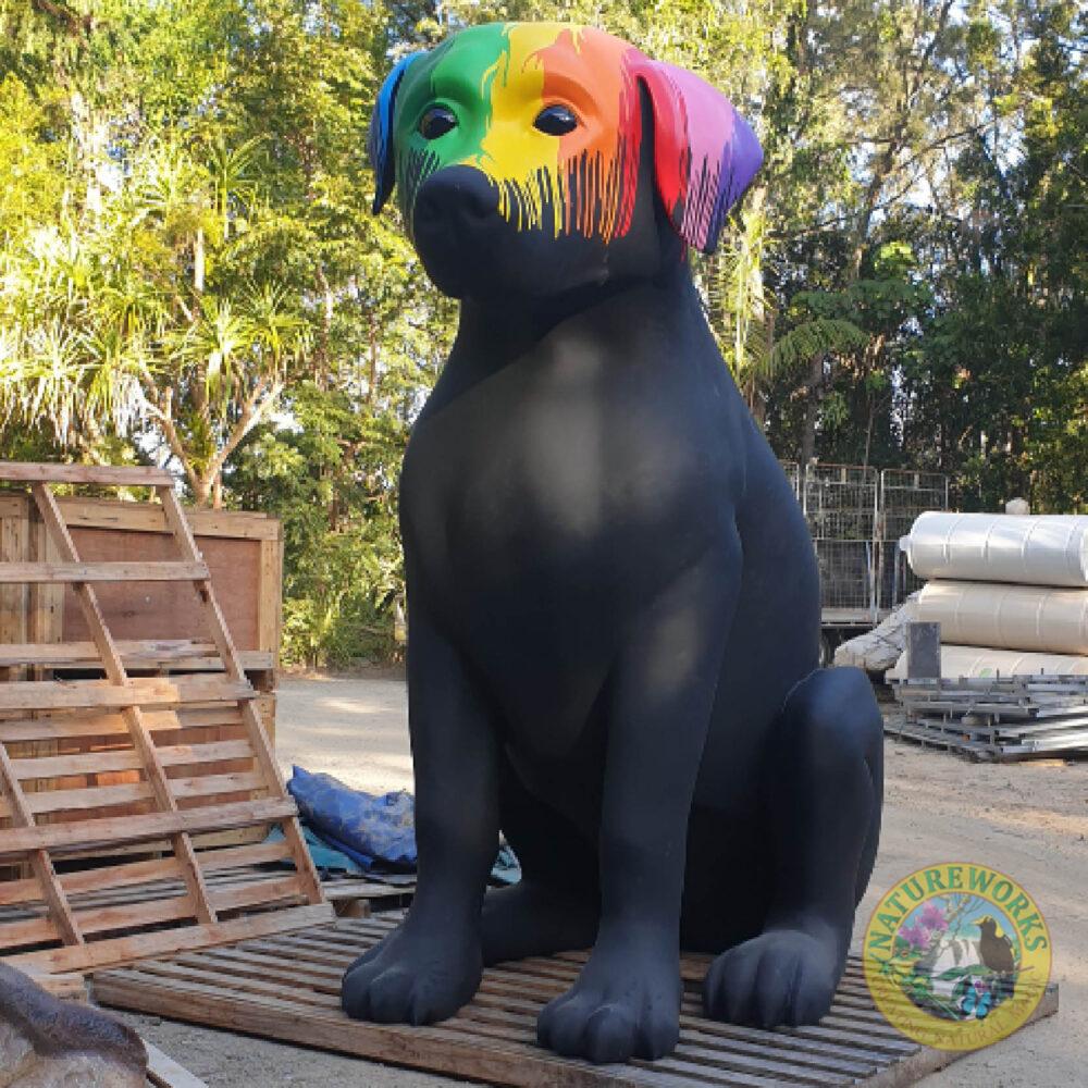 Giant Black Dog with Paint drips- 9ft tall sitting - BlackLab2.7m - front angle view