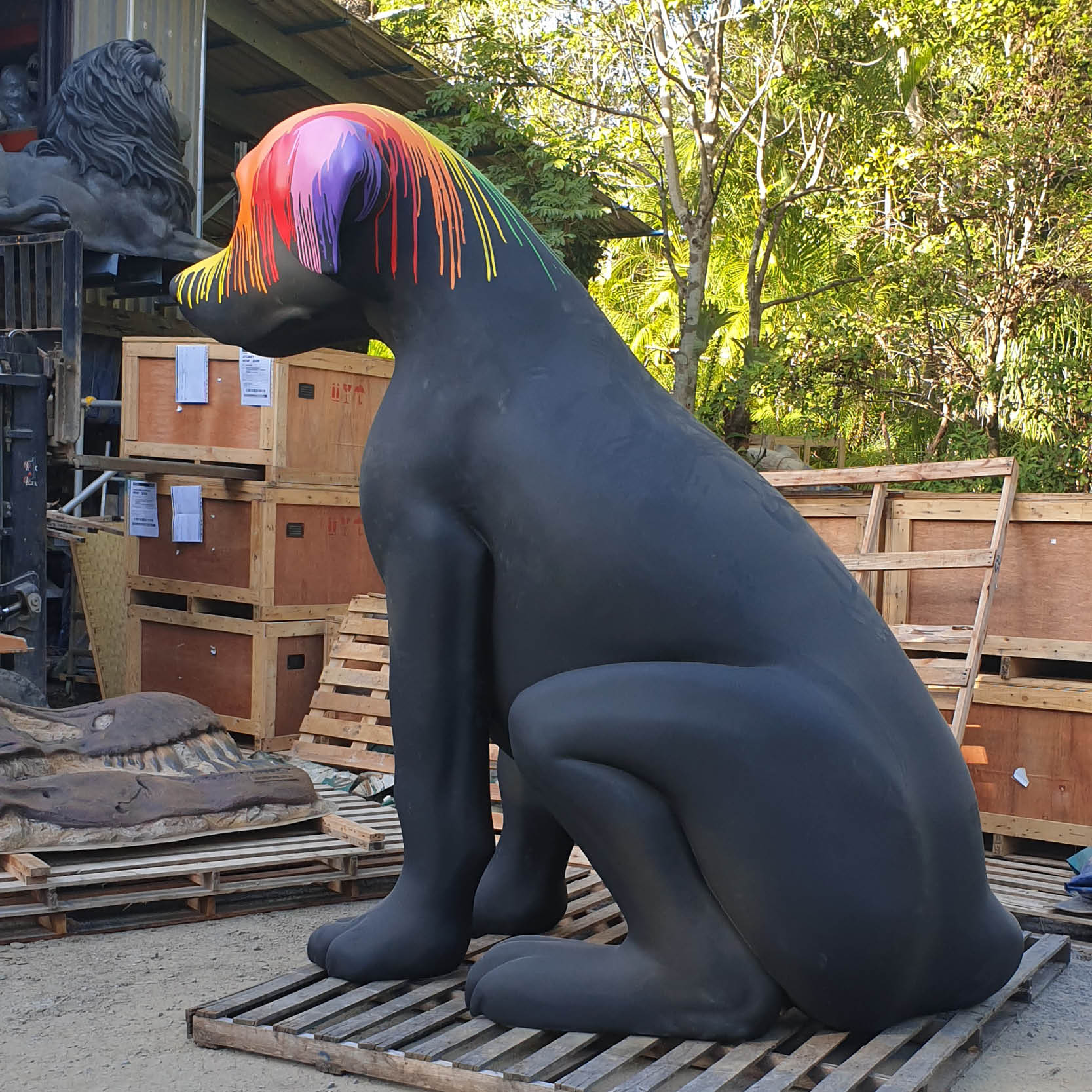 Natureworks Australia Giant Black Dog with Paint drips- 9ft tall sitting- sculpt in production-side view