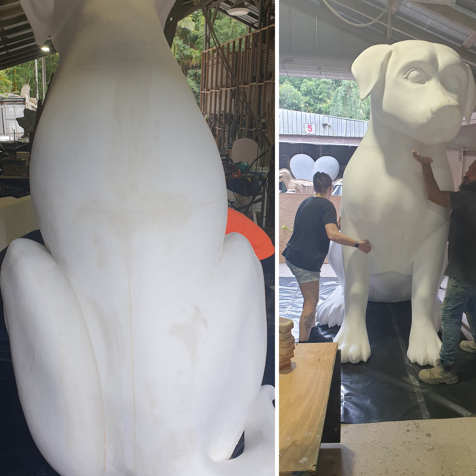 Natureworks Australia Giant Black Dog with Paint drips- 9ft tall sitting- sculpt in production-BlackLab2.7m- showing rear and front views