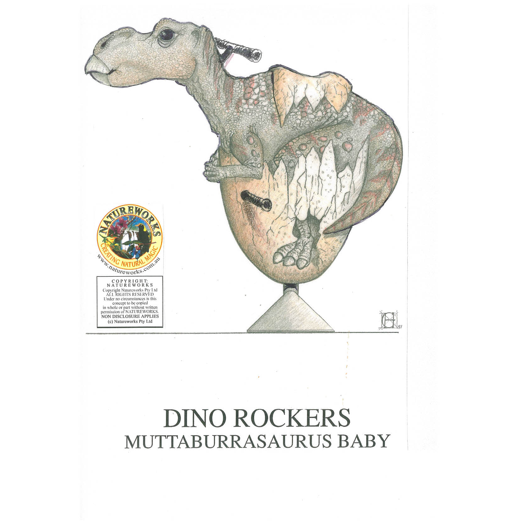 Natureworks Australia Muttaburrasaurus Baby Dino Rocker custom designed- showing concept Design - side view