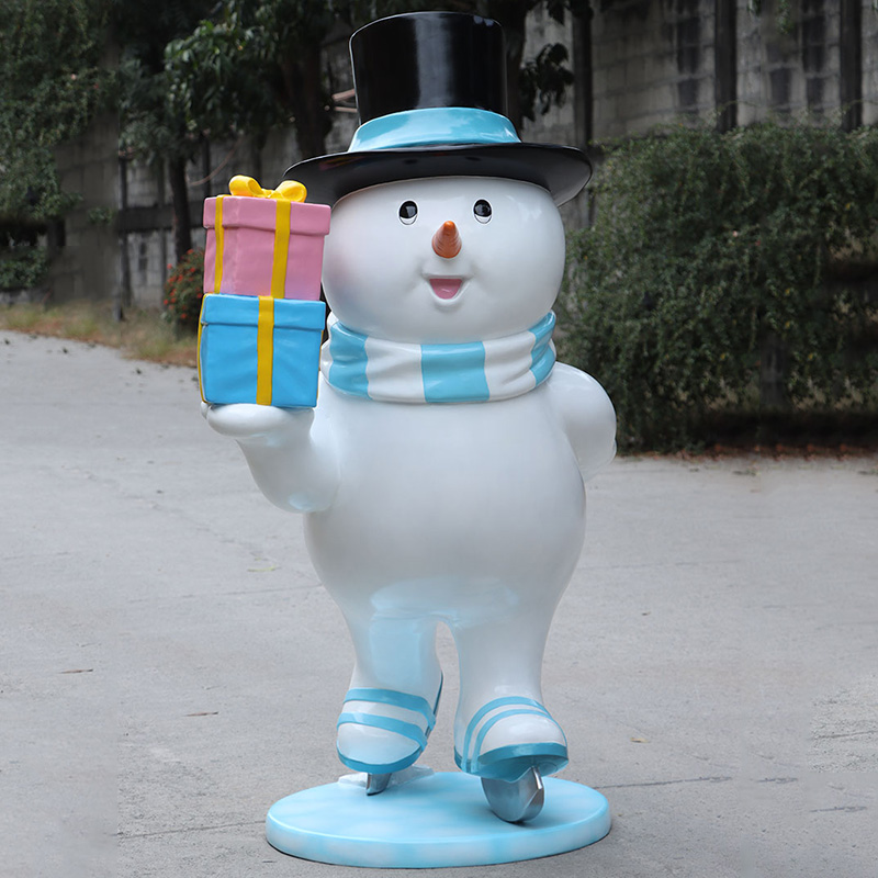 skating snowman father statue with gifts, top hat and blue scarf – Australia display prop