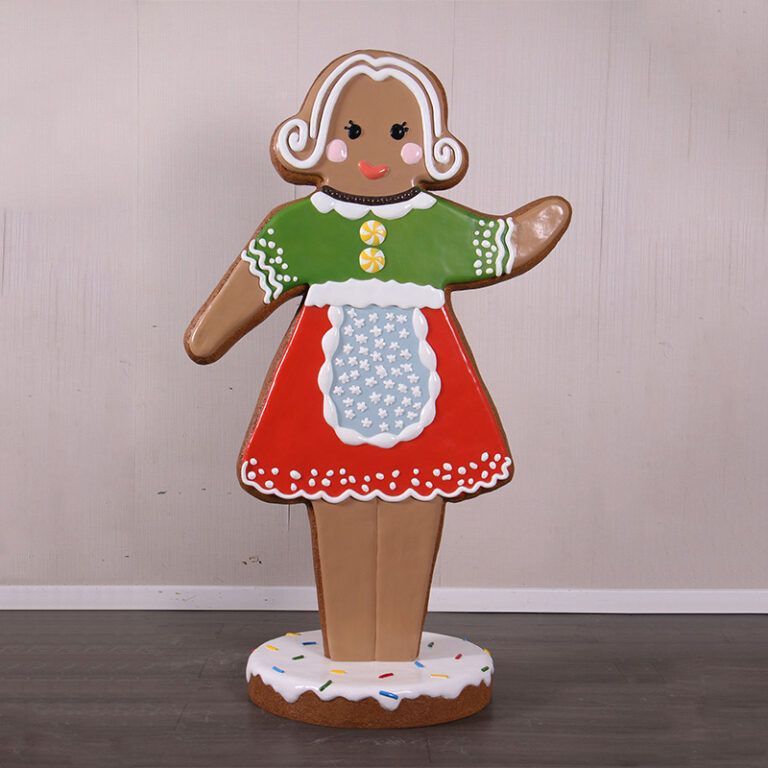 Gingerbread Woman Statue on iced base – colourful Christmas prop