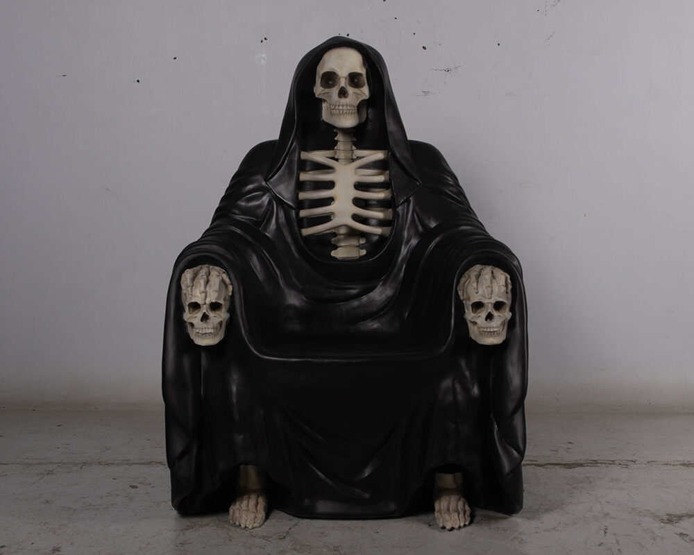 Natureworks Australia Grim Reaper Throne- Halloween prop - 180195 with black robe- front view