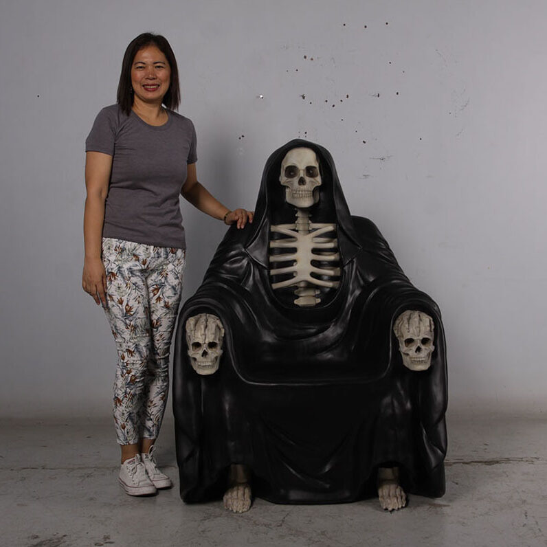 Natureworks Australia Grim Reaper Throne- Halloween prop - 180195 with black robe - shown with lady