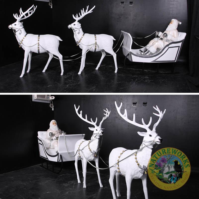 Natureworks Australia Christmas sleigh - Jumbo white-110096W- shown with reindeers and Santa