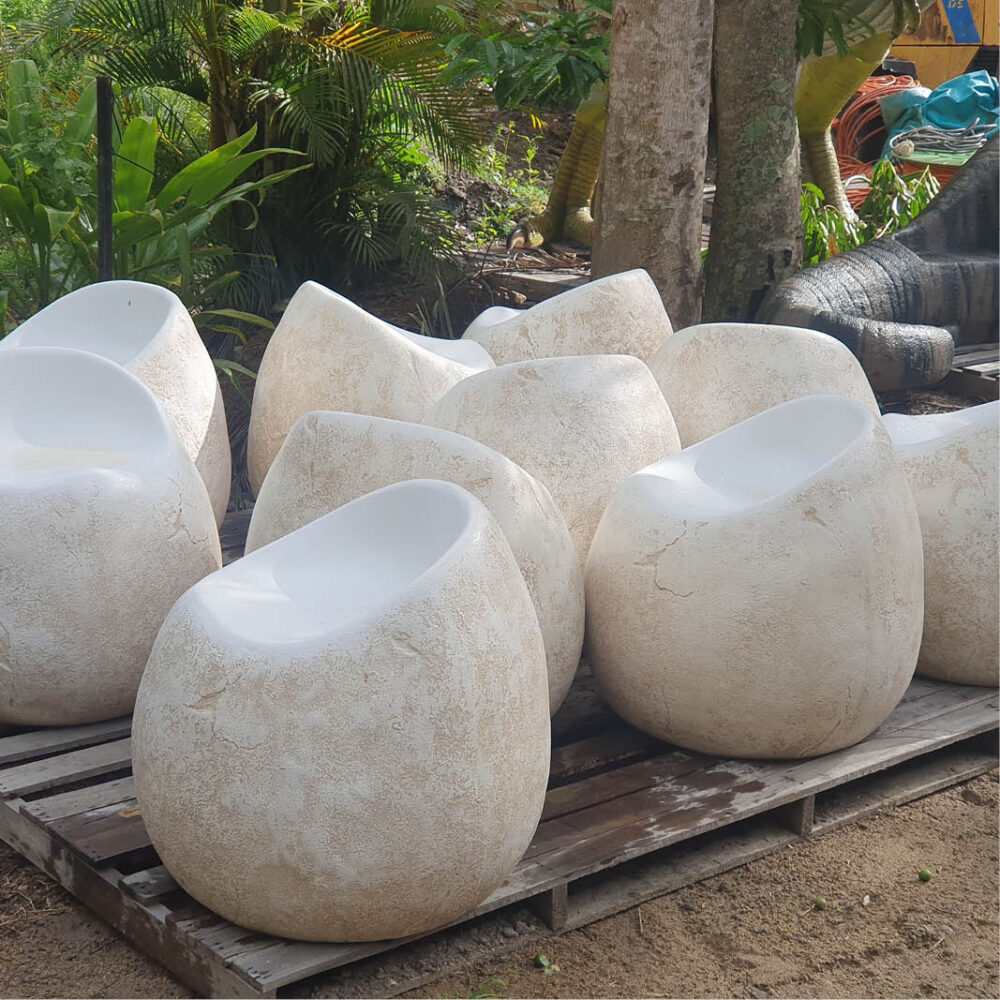 Dinosaur egg seat- NW-dinoESeat- showing a collection of 10 seats on a pallet