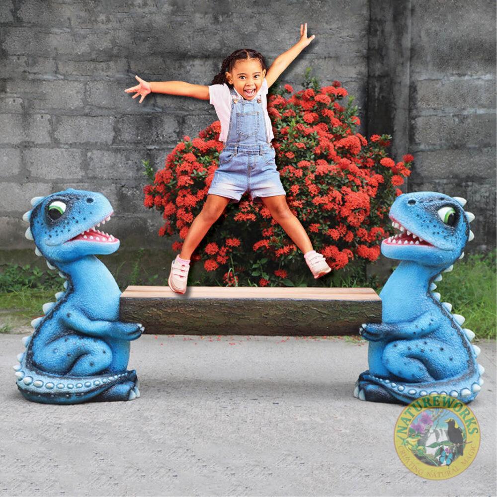 Dinosaur bench with blue stegosaurus at each end- shown with child jumping-240135