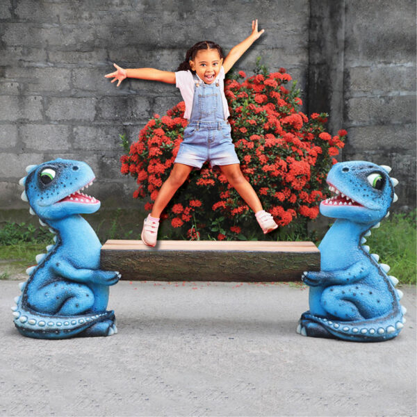 Dinosaur bench with blue stegosaurus at each end- shown with child jumping-240135