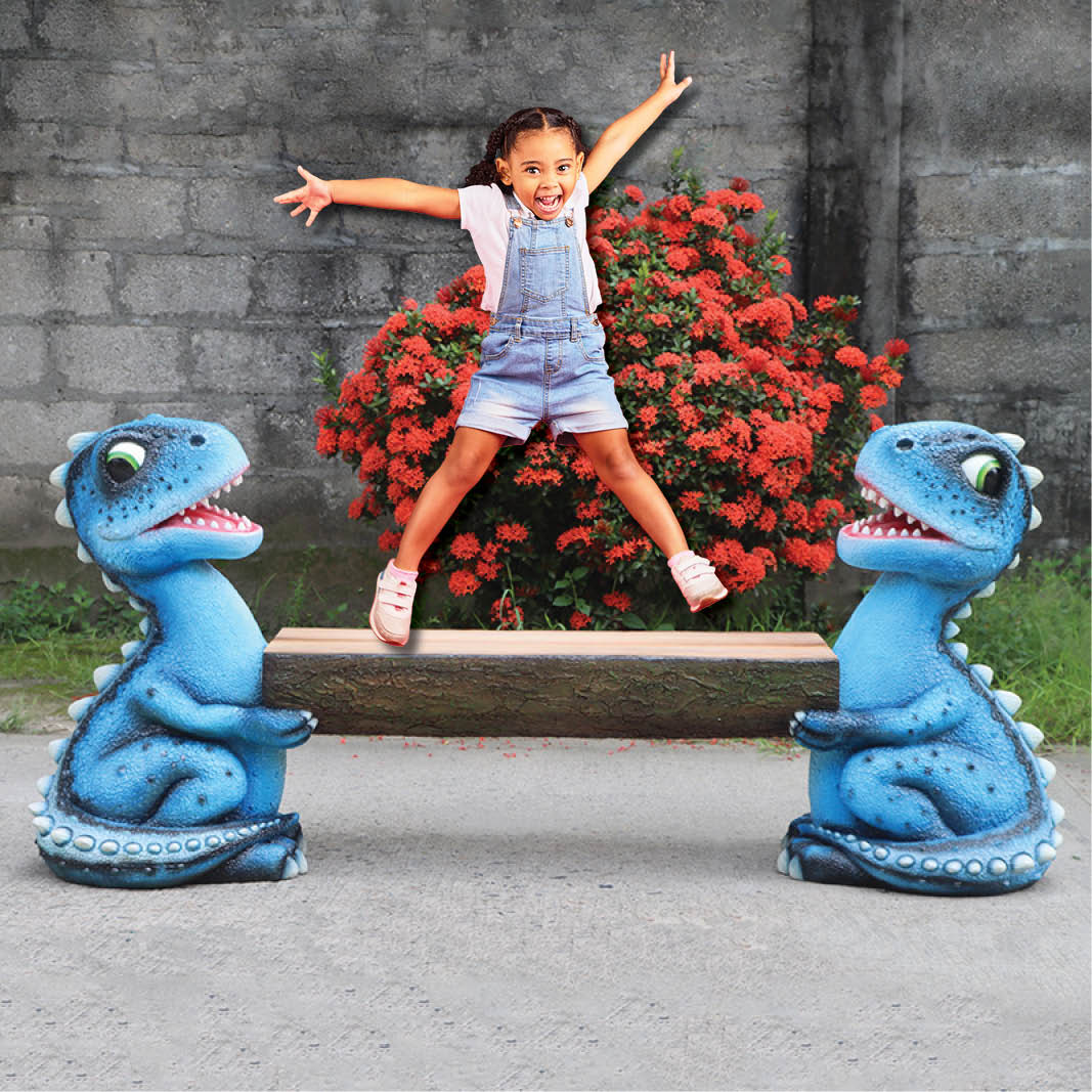 Natureworks Australia Dinosaur bench with blue stegosaurus at each end- shown with child jumping-240135