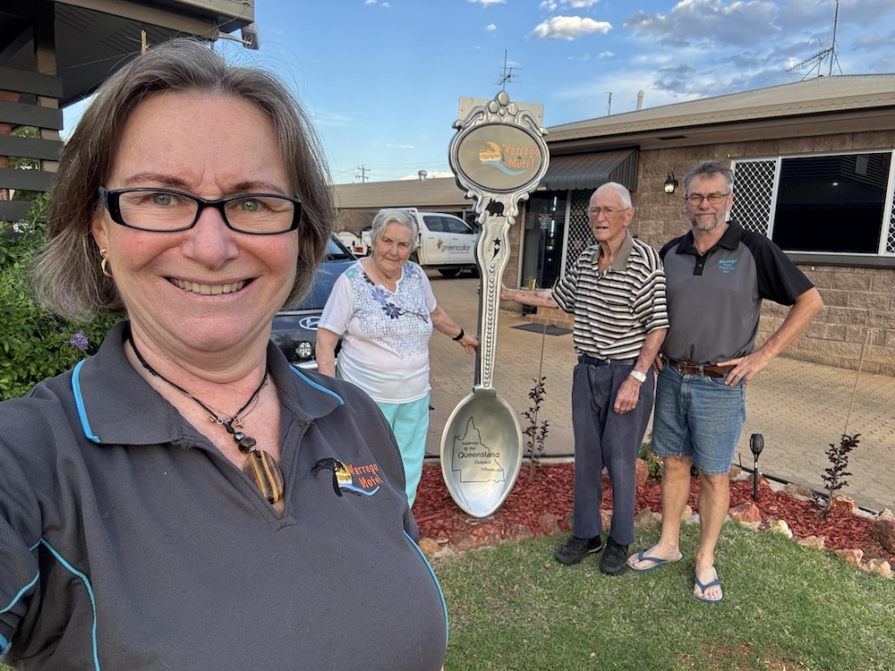 Selfie with Maree, Guy and visitors Ron and Janice beside the big souvenir spoon