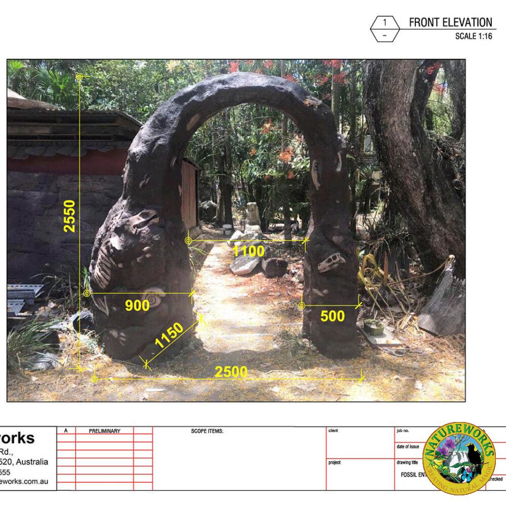 Prehistoric Archway - . Built in GFRC and featuring fossil reliefs, it’s an ideal entry statement for mini-golf, museums, and tourism experiences