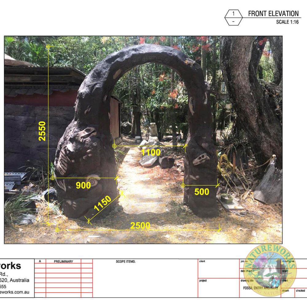 Natureworks Australia Prehistoric Archway - . Built in GFRC and featuring fossil reliefs, it’s an ideal entry statement for mini-golf, museums, and tourism experiences