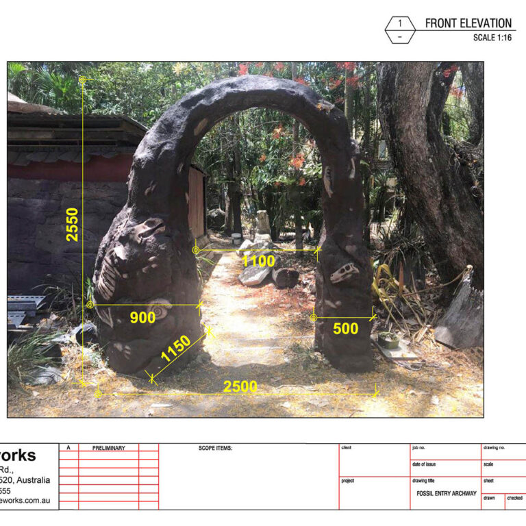 Natureworks Australia Prehistoric Archway - . Built in GFRC and featuring fossil reliefs, it’s an ideal entry statement for mini-golf, museums, and tourism experiences