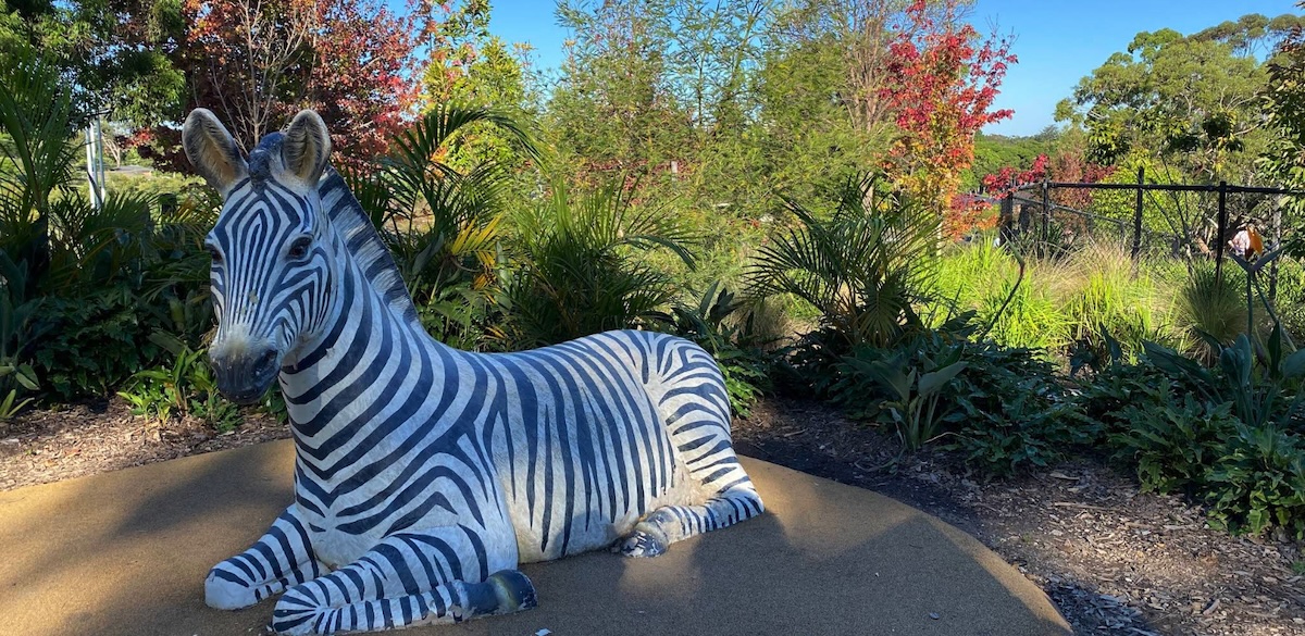 Zebra sculpture at safari-themed playground in Carlingford NSW